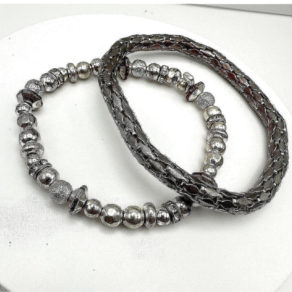 Vintage 90s Dual-Tone Multi-Strand Leather & Silver-Tone Metal Bead Bracelets